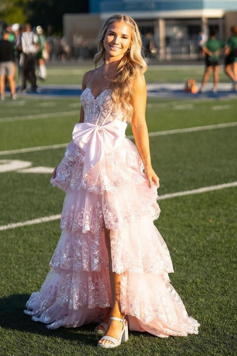 Load image into Gallery viewer, Black Strapless Appliqued Ruffled A-Line Prom Dress with Bow