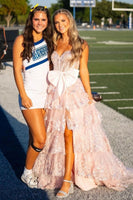 Load image into Gallery viewer, Black Strapless Appliqued Ruffled A-Line Prom Dress with Bow