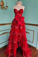 Load image into Gallery viewer, Black Strapless Appliqued Ruffled A-Line Prom Dress with Bow