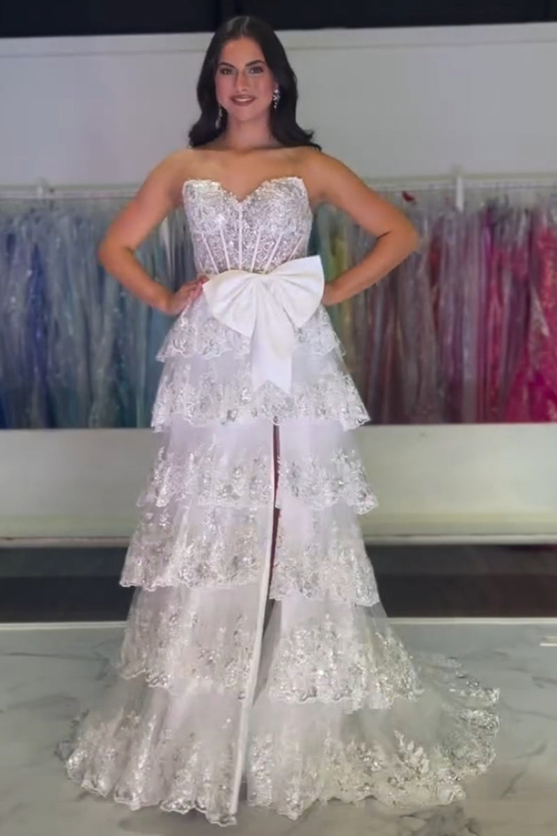 Load image into Gallery viewer, Black Strapless Appliqued Ruffled A-Line Prom Dress with Bow