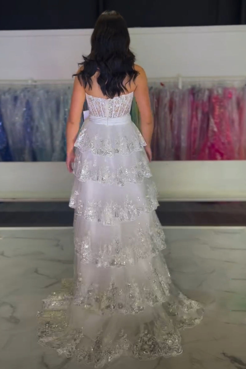 Load image into Gallery viewer, Black Strapless Appliqued Ruffled A-Line Prom Dress with Bow