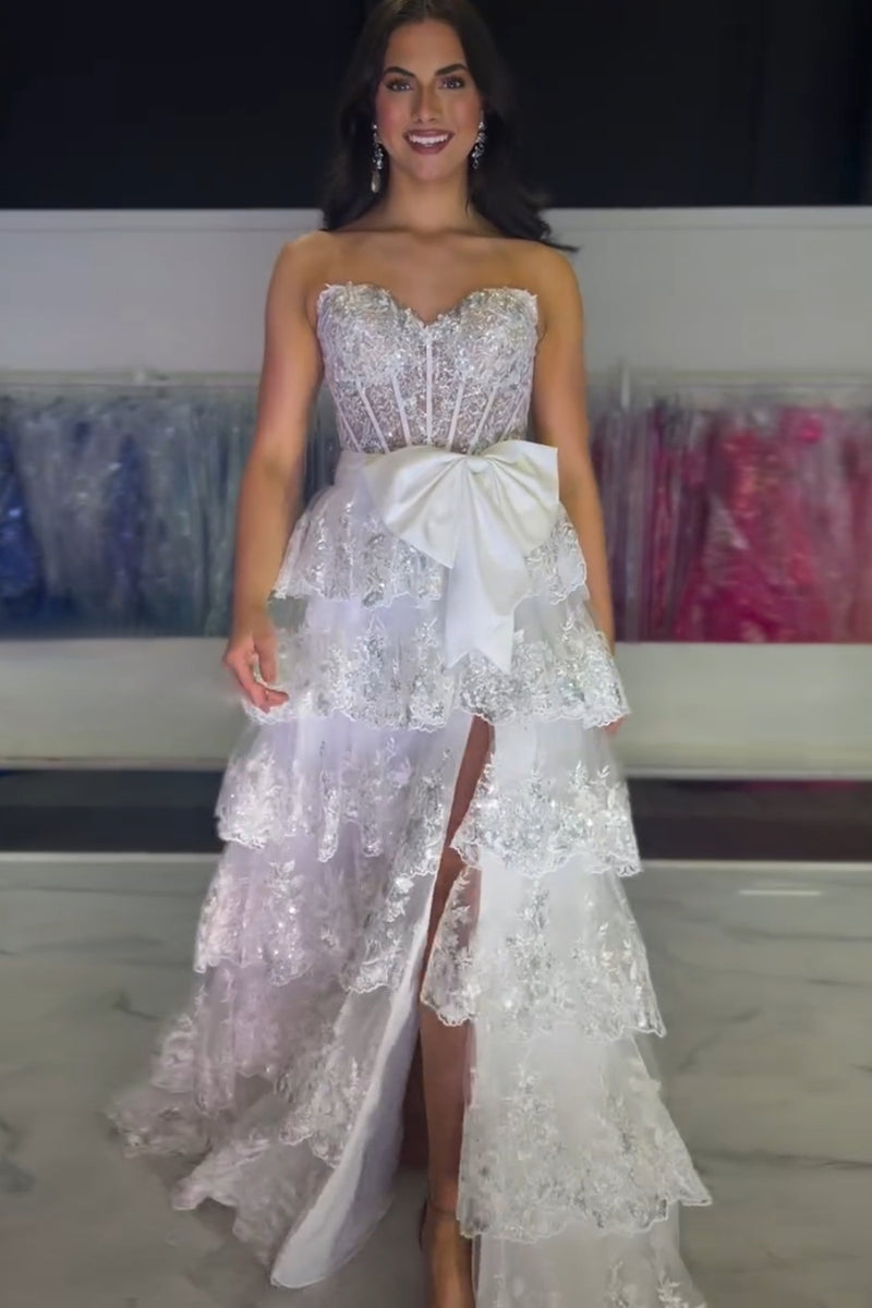 Load image into Gallery viewer, Black Strapless Appliqued Ruffled A-Line Prom Dress with Bow