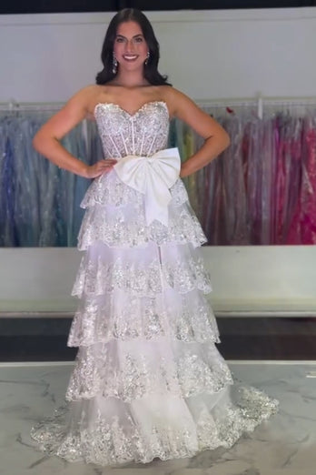 Black Strapless Appliqued Ruffled A-Line Prom Dress with Bow