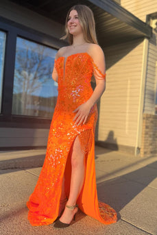 Orange Off the Shoulder Corset Mermaid Long Prom Dress with Appliques