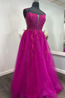 Load image into Gallery viewer, Sparkly Fuchsia Spaghetti Straps Corset A-Line Long Prom Dress with Sequins