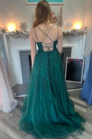 Load image into Gallery viewer, Dark Green Spaghetti Straps A-Line Long Prom Dress with Appliques