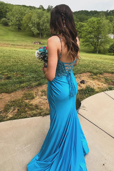 Turquoise Corset Spaghetti Straps Mermaid Long Prom Dress with Appliques