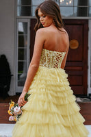 Load image into Gallery viewer, Yellow Strapless A-Line Tulle Corset Long Prom Dress with Appliques
