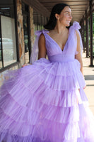 Load image into Gallery viewer, Simple Lilac A-Line Tulle V-Neck Long Prom Dress with Slit
