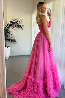 Sparkly Fuchsia Tiered Sweetheart Sweep Train Prom Dress with Ruffles