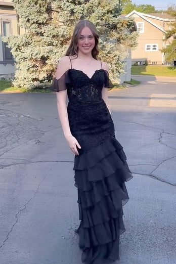 Black Corset Appliqued Lace Long Prom Dress with Slit