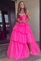 Load image into Gallery viewer, Sparkly Fuchsia Corset Beaded Long Prom Dress with Slit