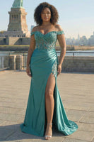 Load image into Gallery viewer, Plus Size Sparkly Green Mermaid Off The Shoulder Long Corset Prom Dress with Slit