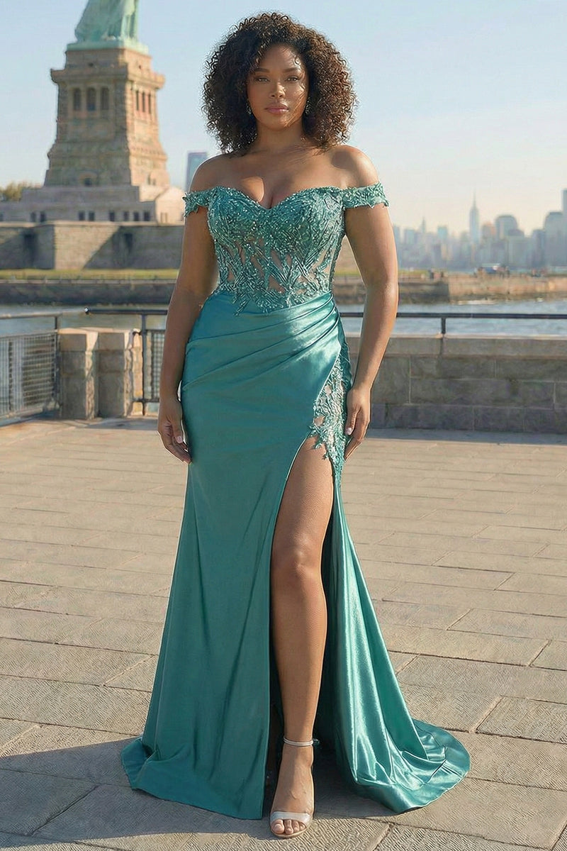 Load image into Gallery viewer, Plus Size Sparkly Green Mermaid Off The Shoulder Long Corset Prom Dress with Slit