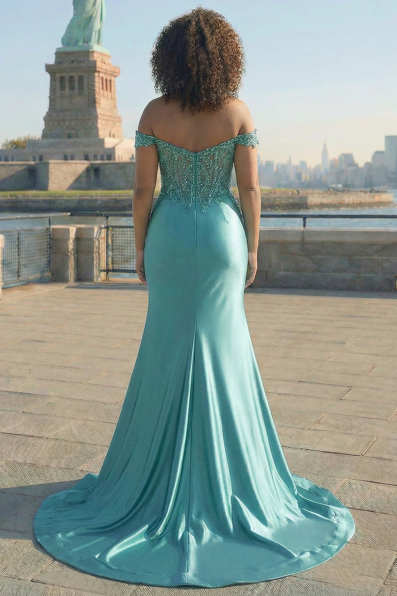 Load image into Gallery viewer, Plus Size Sparkly Green Mermaid Off The Shoulder Long Corset Prom Dress with Slit