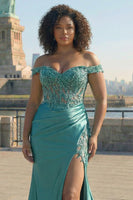 Load image into Gallery viewer, Plus Size Sparkly Green Mermaid Off The Shoulder Long Corset Prom Dress with Slit