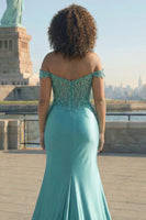 Load image into Gallery viewer, Plus Size Sparkly Green Mermaid Off The Shoulder Long Corset Prom Dress with Slit