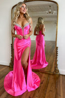 Load image into Gallery viewer, Sparkly Fuchsia Mermaid Spaghetti Straps Prom Dress with Slit