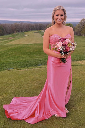 Fuchsia Corset Strapless Mermaid Long Prom Dress with Slit