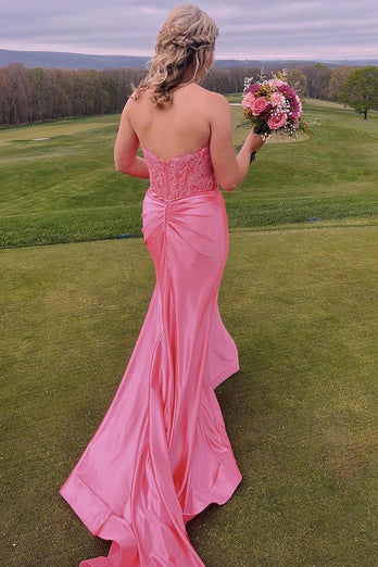 Fuchsia Corset Strapless Mermaid Long Prom Dress with Slit