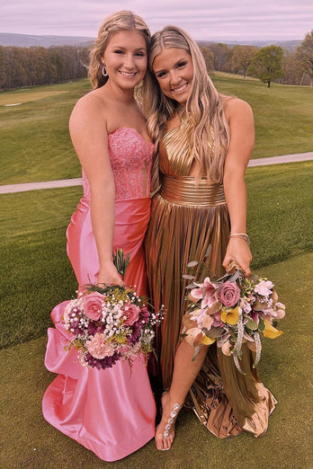 Fuchsia Corset Strapless Mermaid Long Prom Dress with Slit
