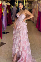 Load image into Gallery viewer, Sparkly Blush Strapless A-Line Sequined Long Prom Dress with Slit