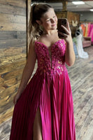 Load image into Gallery viewer, Fuchsia Spaghetti Straps Appliqued Pleated Sweep Train Prom Dress with Slit