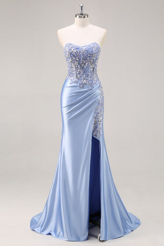Saprkly Blue Satin Mermaid Corset Long Prom Dress with Slit