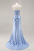 Load image into Gallery viewer, Saprkly Blue Satin Mermaid Corset Long Prom Dress with Slit