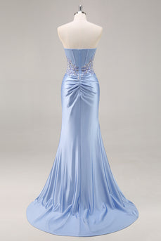 Saprkly Blue Satin Mermaid Corset Long Prom Dress with Slit