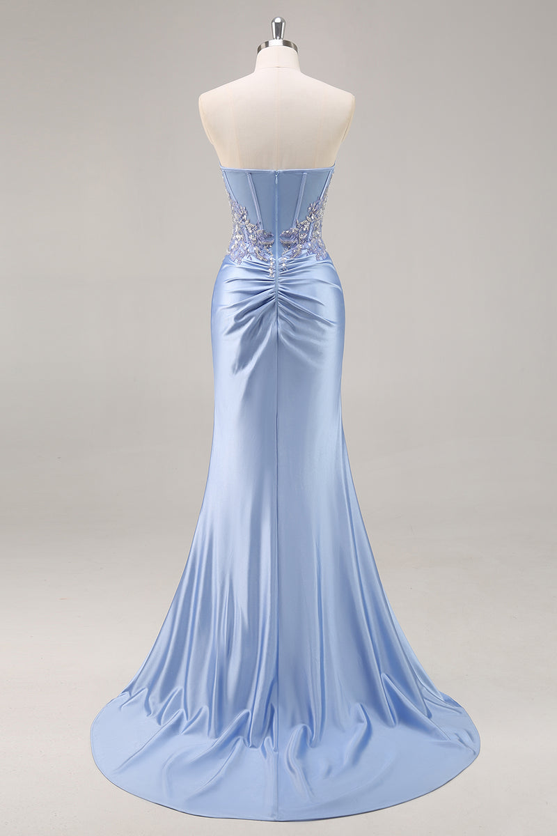 Load image into Gallery viewer, Saprkly Blue Satin Mermaid Corset Long Prom Dress with Slit