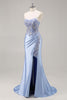 Load image into Gallery viewer, Saprkly Blue Satin Mermaid Corset Long Prom Dress with Slit
