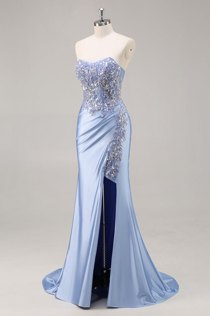 Load image into Gallery viewer, Saprkly Blue Satin Mermaid Corset Long Prom Dress with Slit