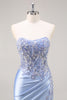 Load image into Gallery viewer, Saprkly Blue Satin Mermaid Corset Long Prom Dress with Slit