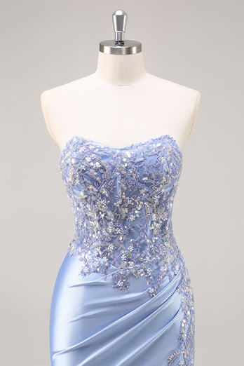 Saprkly Blue Satin Mermaid Corset Long Prom Dress with Slit