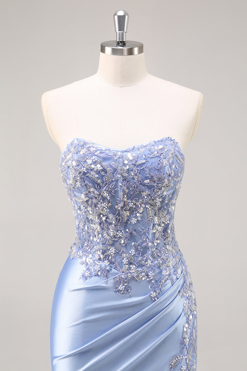 Load image into Gallery viewer, Saprkly Blue Satin Mermaid Corset Long Prom Dress with Slit