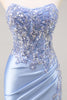Load image into Gallery viewer, Saprkly Blue Satin Mermaid Corset Long Prom Dress with Slit