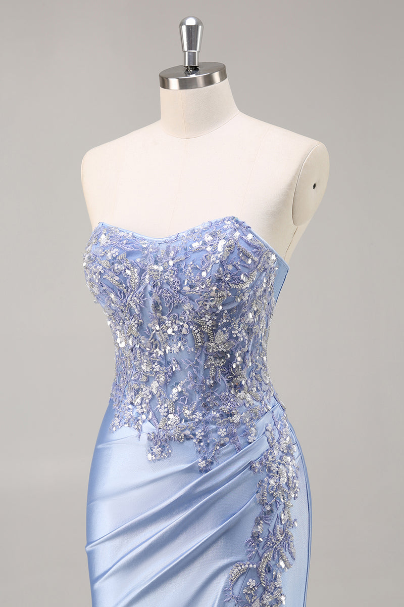 Load image into Gallery viewer, Saprkly Blue Satin Mermaid Corset Long Prom Dress with Slit