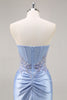 Load image into Gallery viewer, Saprkly Blue Satin Mermaid Corset Long Prom Dress with Slit