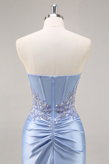 Saprkly Blue Satin Mermaid Corset Long Prom Dress with Slit