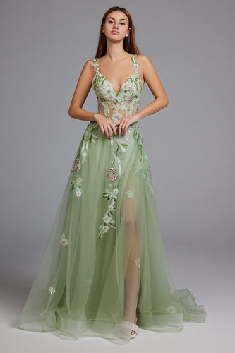 Floral Green Spaghetti Straps A-Line Tulle Long Prom Dress with Slit