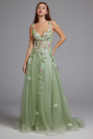 Load image into Gallery viewer, Floral Green Spaghetti Straps A-Line Tulle Long Prom Dress with Slit