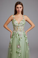 Load image into Gallery viewer, Floral Green Spaghetti Straps A-Line Tulle Long Prom Dress with Slit