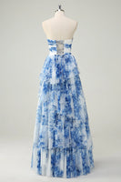 Load image into Gallery viewer, White Blue Flower A-Line Swetheart Tiered Long Prom Dress with Bows