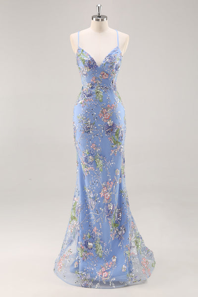 Sparkly Blue Floral Mermaid Long Prom Dress with Beading