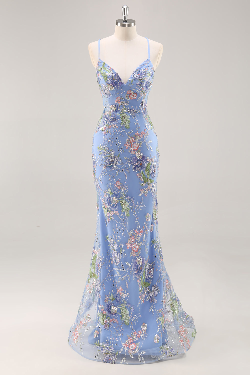 Sparkly Blue Floral Mermaid Long Prom Dress with Beading