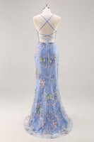Load image into Gallery viewer, Sparkly Blue Floral Mermaid Long Prom Dress with Beading