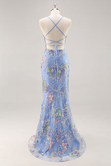 Sparkly Blue Floral Mermaid Long Prom Dress with Beading
