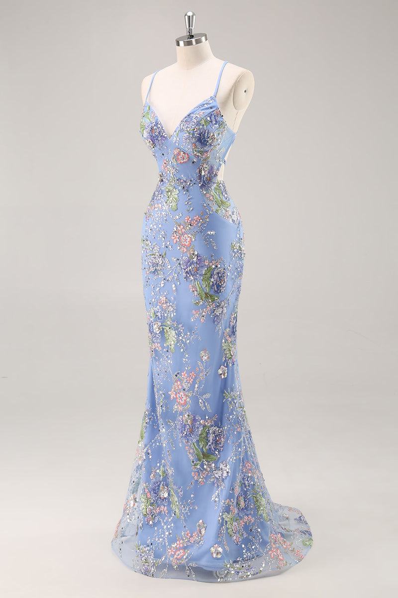 Load image into Gallery viewer, Sparkly Peacock Floral Mermaid Long Prom Beaded Dress with Sequins