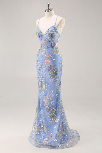 Sparkly Lilac Floral Mermaid Long Backless Prom Dress with Beading